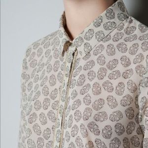 Zara Trafaluc Skull Blouse XS Botton Down Gold